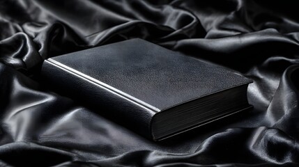 A closed, hardback book rests on luxurious, draped black satin fabric, showcasing elegant textures and a sophisticated aesthetic; the composition features a soft, diffused light that enhances the...