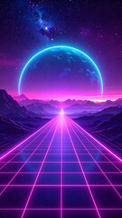 Wall Mural - Neon Grid Road to Glowing Planet in Purple Night Sky.