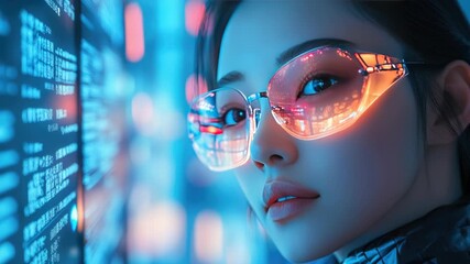 Female data analyst wearing futuristic smart glasses looking at a screen with code and statistics, working on big data analysis and network security in a cyberpunk neon lit environment