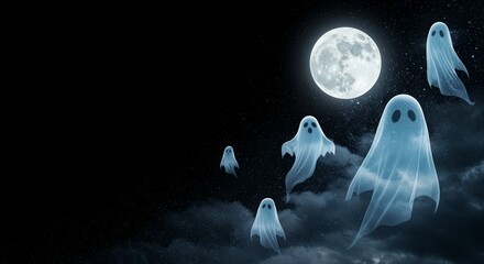  Ghosts fly over the ground on a full moon at night. Halloween Concept