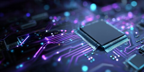 Wall Mural - Abstract Digital Circuit Design with AI Element Featuring Blue and Purple Lights on a Dark Background