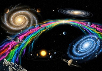 an abstract view of the cosmos, where a glowing planet orbits a vibrant star within a swirling galax