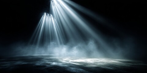 Wall Mural - Ethereal Rays of Light Breaking Through Dense Mist and Creating a Dreamlike Atmosphere in a Dark Space