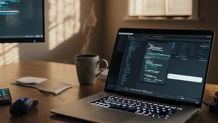 Workspace Setup with Programming Code Displayed on Computer Screens in Warm Lighting