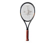 © Harshu - A dark tennis racket with a brown grip, viewed directly against a black background
