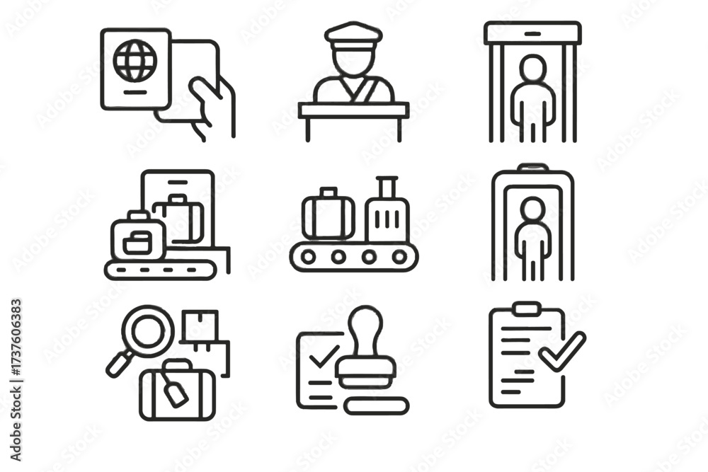 Inspection customs metal set gate approval icons stamp passport border ...
