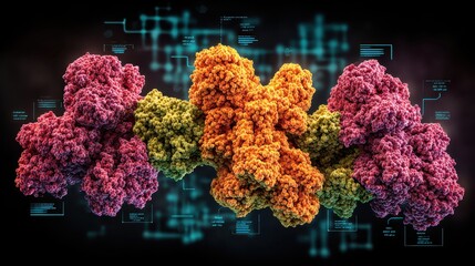 A 3D rendering of a protein molecule on a digital background