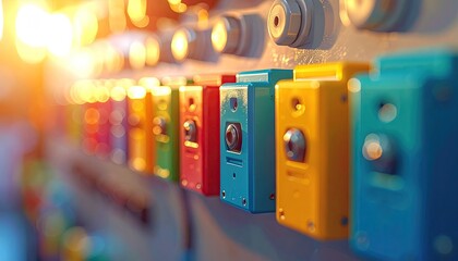 Colorful Electrical Boxes Mounted on a White Wall with Bokeh Lights