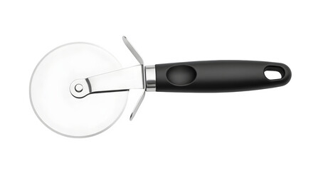 Sleek pizza cutter with stainless steel blade and ergonomic black handle isolated on transparent background, perfect for slicing through your favorite pizza with ease
