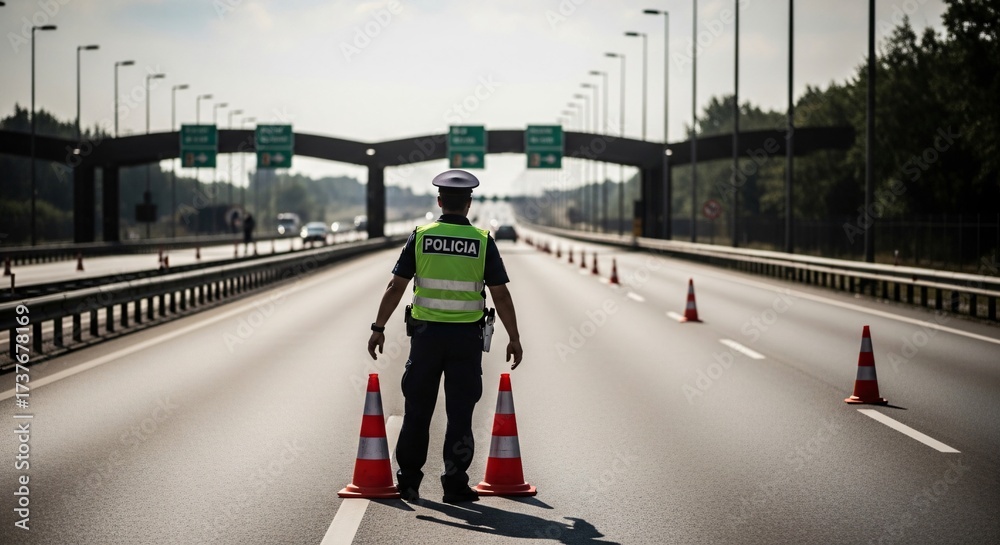 Police officer at highway checkpoint with traffic cones and overhead ...