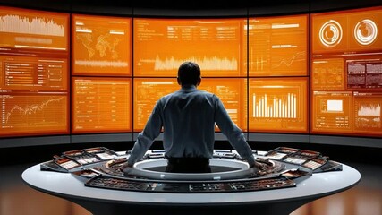 Control Room Visionary: An individual stands before a commanding array of screens displaying intricate data visualizations, poised at the heart of innovation.