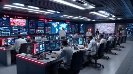 Command Center: A group of professionals intently monitor and manage a vast array of data streams and visual information in a high-tech command center, ready to take immediate action.