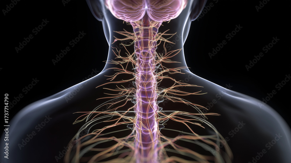 Human nervous system brain and spinal cord medical animation on black ...