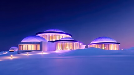 Wall Mural - A futuristic dome-shaped building illuminated at night, surrounded by snow and a serene winter landscape