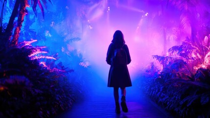 Wall Mural - A silhouetted figure walks through a vibrant, illuminated path in a lush, colorful botanical garden