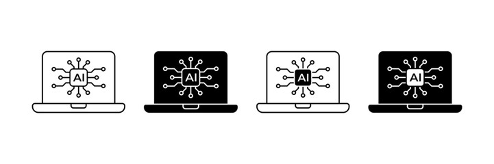 Laptop with AI Icon Set. Artificial Intelligence technology symbols for mobile apps. Vector Illustration