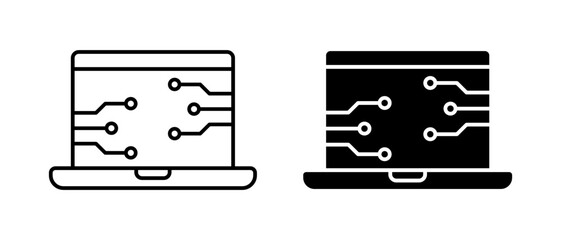 Laptop with AI Icon Set. Artificial Intelligence technology symbols for mobile apps. Vector Illustration