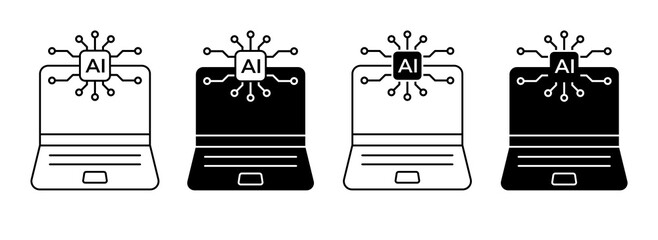 Laptop with AI Icon Set. Artificial Intelligence technology symbols for mobile apps. Vector Illustration