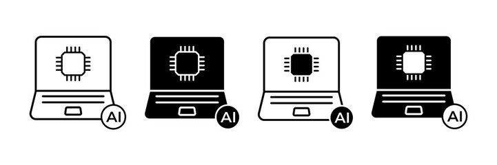 Laptop with AI Icon Set. Artificial Intelligence technology symbols for mobile apps. Vector Illustration