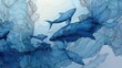 © Eni - Watercolor whales swimming in abstract blue ocean environment