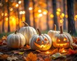 © Lovely - Carved halloween pumpkins with glowing faces in forest