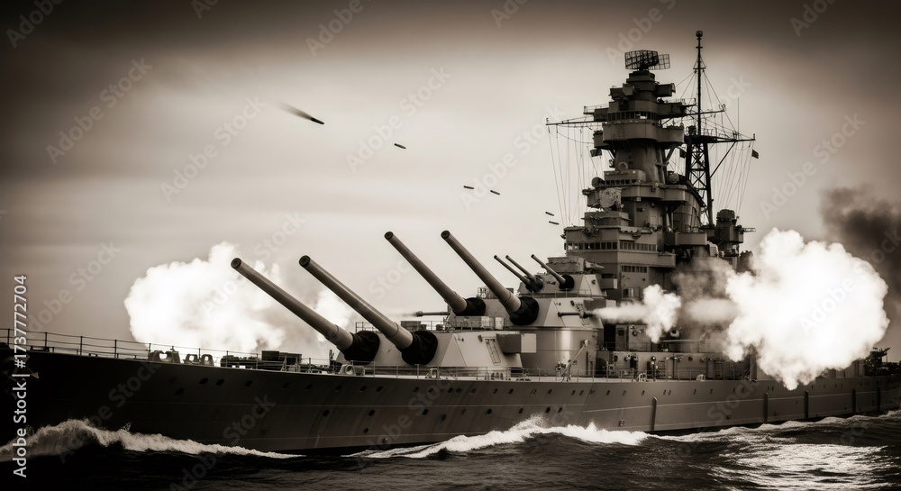 Foto de Stock Warship firing main guns in naval battle. Battleship with