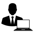 © teracreonte - Logo trabajo online. Icono con silueta de hombre de negocios con traje y corbata con ordenador portatil
