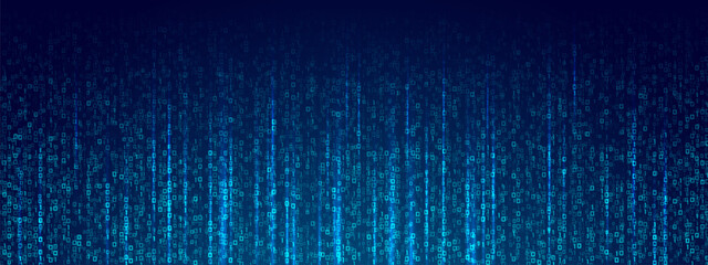 Binary rain background with glowing 0 and 1 digits. Futuristic matrix effect in blue tones. Abstract tech, cyber data stream, software code, computer system, and digital security design. Vector