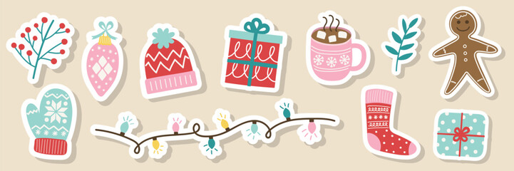 Wall Mural - Collection of colourful Christmas stickers. Christmas tree, ball, present, sock, cookie, cup, hat, sweater, gloves. Vector illustration