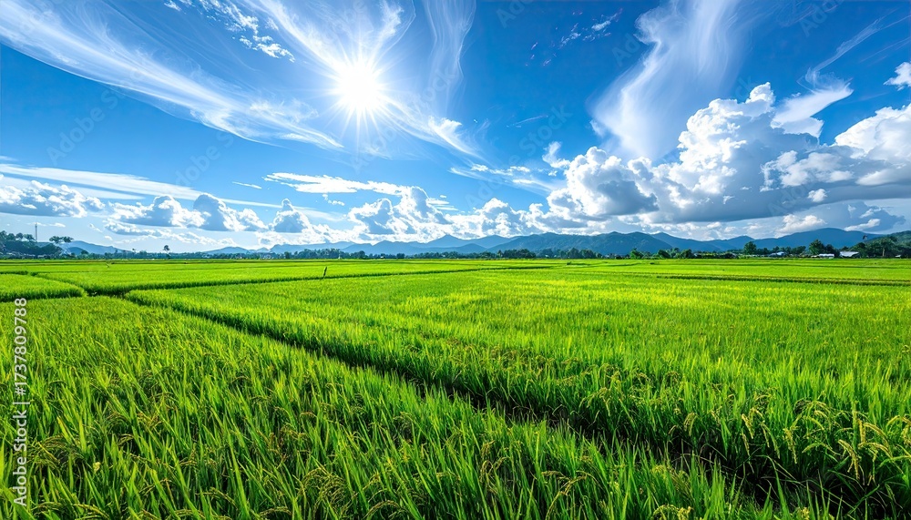 Lush Green Rice Field Under a Bright Sunny Sky with Fluffy White Clouds ...