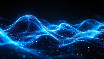 Blue waves and glowing particles on a dynamic and modern background of technology, science or futuristic design