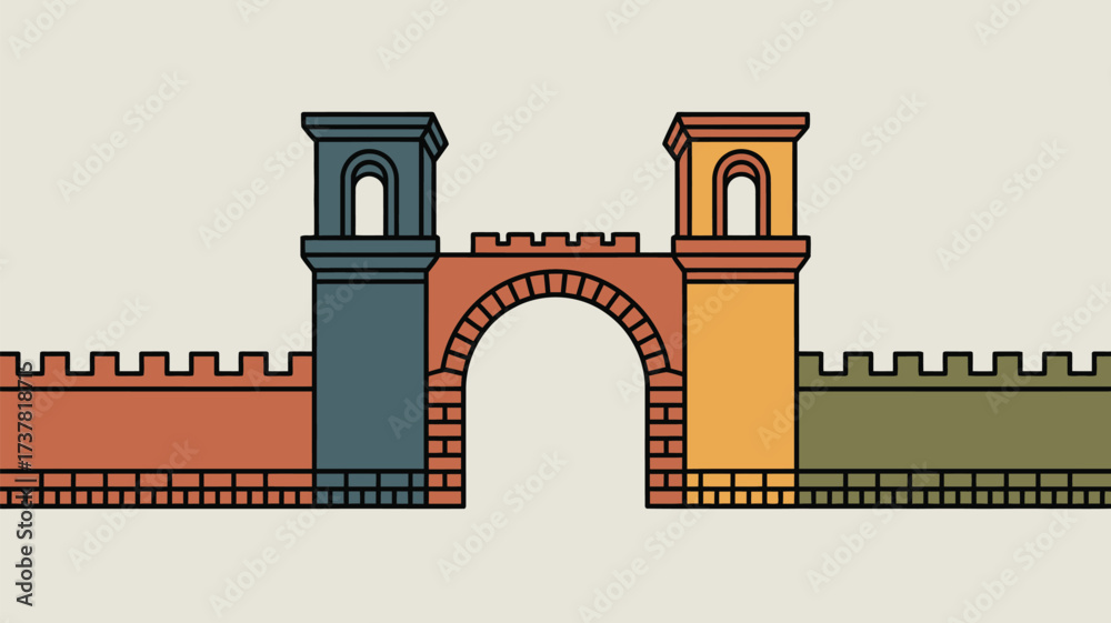 Illustration of a castle gate with two towers and an archway in a flat ...