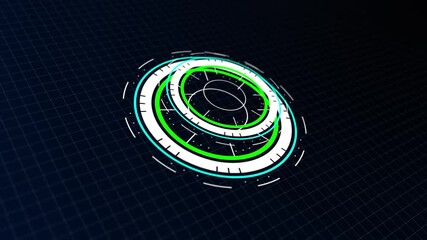 Abstract HUD icon animation. 3D HUD circle animation with grid background. 4k video motion