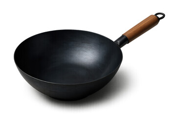 Black metal wok with wooden handle on transparent background
