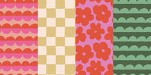 Vector set of seamless patterns – abstract hand-drawn quirky doodles, striped, plaid, and checkered designs – festive, party, and Christmas decorative wrapping paper and textile backgrounds