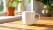 © lemonarts - A white ceramic mug sits on a wooden table bathed in natural light, with potted plants in the background, creating a cozy and inviting atmosphere