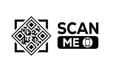 Minimalist black and white QR code icon with 'Scan Me' text on a clean background. Modern design for digital marketing, mobile app, and contactless interaction promotions.
