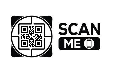 Minimalist black and white QR code icon with 'Scan Me' text on a clean background. Modern design for digital marketing, mobile app, and contactless interaction promotions.