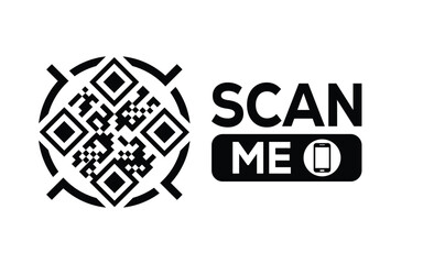 Minimalist black and white QR code icon with 'Scan Me' text on a clean background. Modern design for digital marketing, mobile app, and contactless interaction promotions.