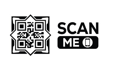 Minimalist black and white QR code icon with 'Scan Me' text on a clean background. Modern design for digital marketing, mobile app, and contactless interaction promotions.
