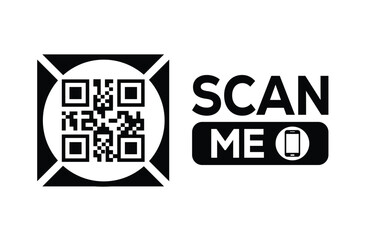 Minimalist black and white QR code icon with 'Scan Me' text on a clean background. Modern design for digital marketing, mobile app, and contactless interaction promotions.