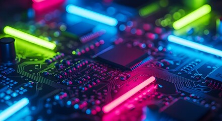 Close up of a computer motherboard with neon lights in blue green and pink colors illuminating it