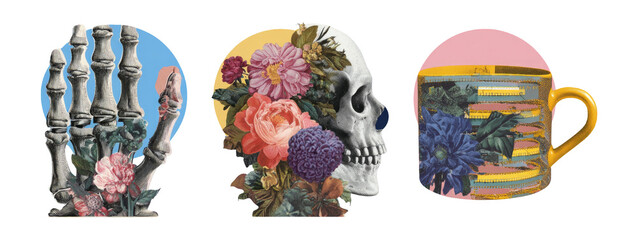Retro Collage of Colorful Floral Elements with Unique Objects and Cutouts