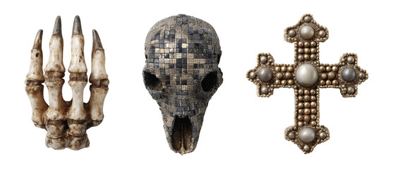 Unique Decorative Objects Featuring Skeleton Hand, Skull, and Cross Design