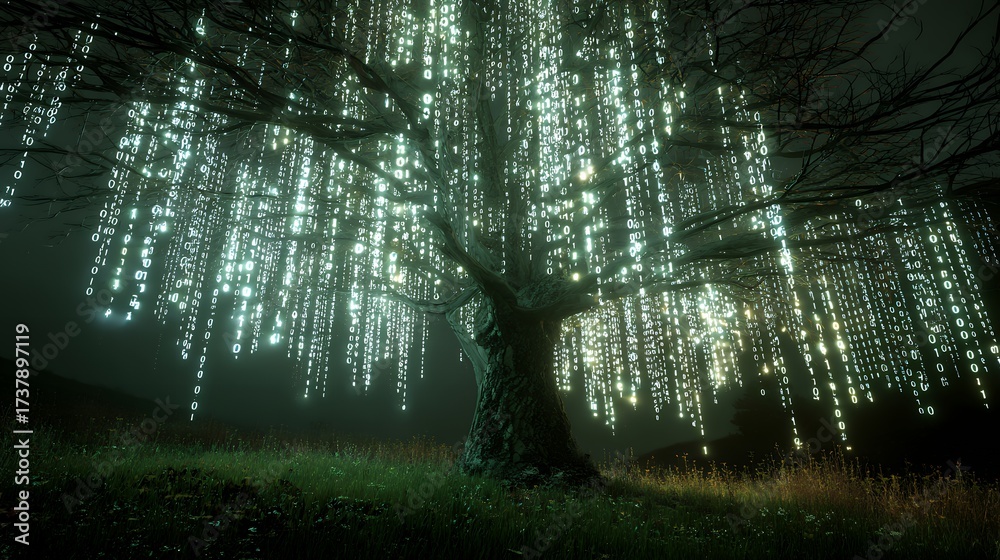 Tree Made of Glowing Data Streams and Binary Code Digital Nature Stock ...