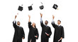 © Use full Image - Diverse group of graduates celebrating their academic achievement by throwing caps in the air.