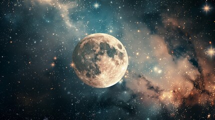 Wall Mural - Full moon glowing among thousands of sparkling stars, galaxy night sky, cosmic fantasy art.
