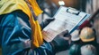 © Ahmad - A worker in a yellow safety jacket and gloves carefully examines a document on a clipboard, possibly performing an inspection or checking inventory in an industrial environment