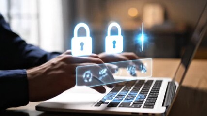 Cybersecurity data protection with digital lock on laptop screen 
