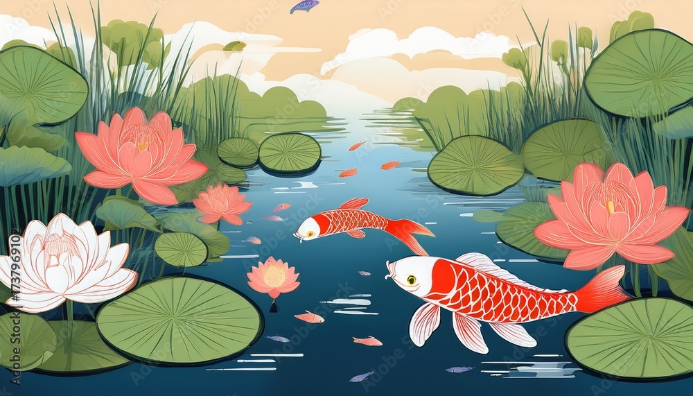 peaceful pond scene with koi fish and water lilies Stock Photo | Adobe ...
